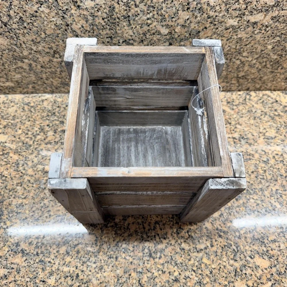 Rustic Brown Wood Square Decorative Storage Box SM Crate Planter Holder Cottage